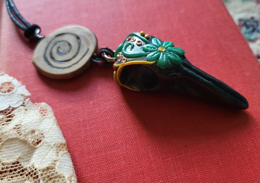 Fimo clay crow necklace, wooden spiral necklac... - Folksy