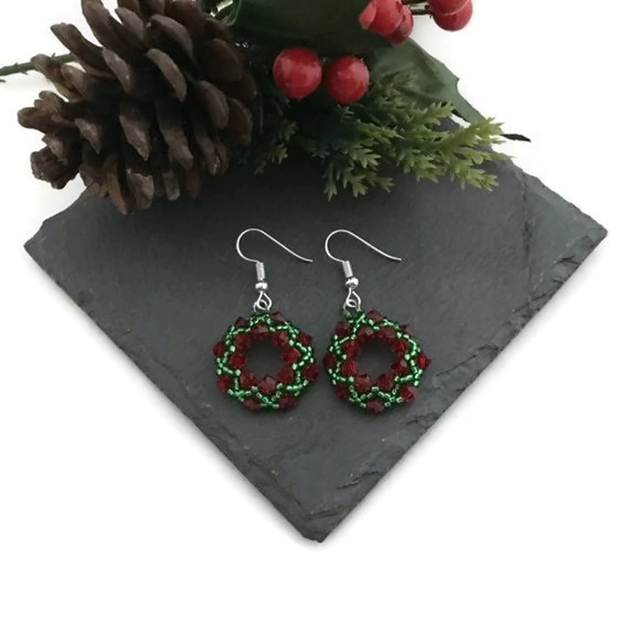 Red & Green Christmas Wreath Earrings