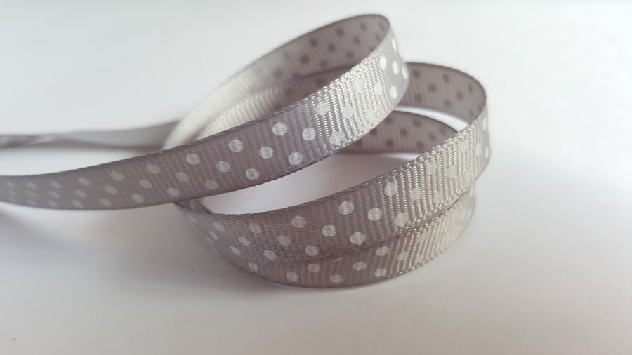 3m Ribbon - Printed Grosgrain - 9mm - Polka Dot - Grey 