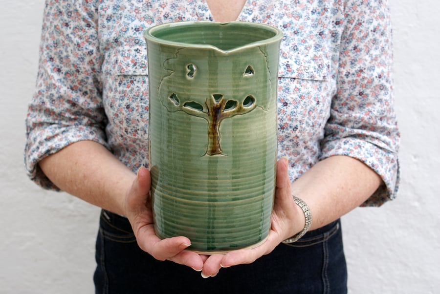 Green tree pottery flower vase - a tall stoneware vase glazed in forest green