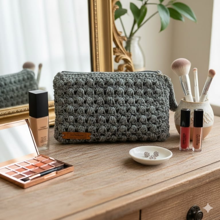 Handmade Crochet Makeup Bag - Grey Puff Stitch Cosmetic Pouch - Boho Travel 