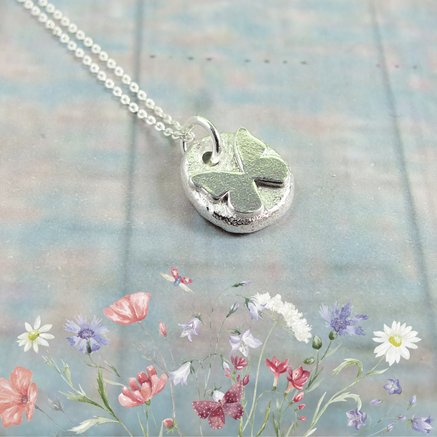 Dainty Butterfly Necklace. Small Recycled Silver Pebble Pendant