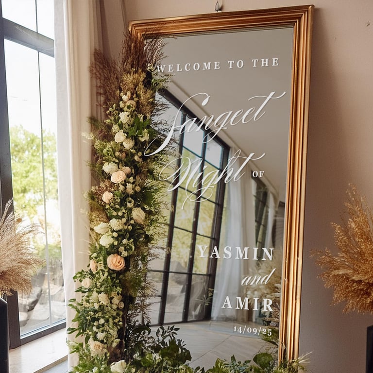 Sangeet Night – Script Welcome Sign: Wedding Mirror Sticker, Personalised Decor