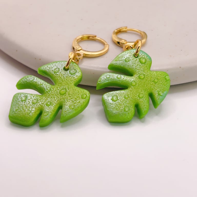 Monstera leaf earrings, green tropical jewelry on gold hoops