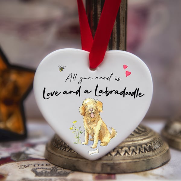 Love and a Labradoodle Golden Ceramic Heart
