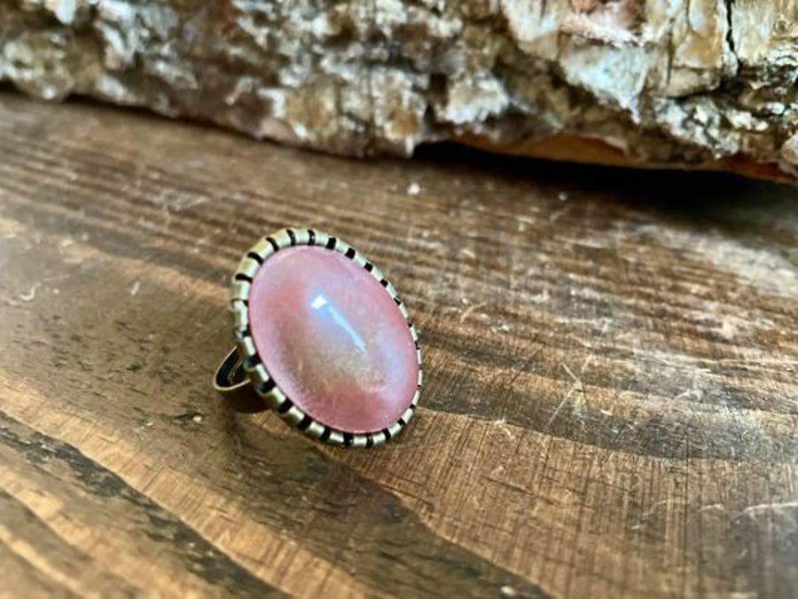 Adjustable Pink Stone Statement Ring Large Antique Copper detail 