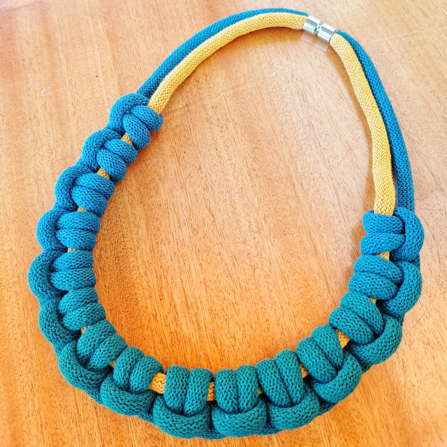 Rope Necklace, Mustard & Peacock Blue 