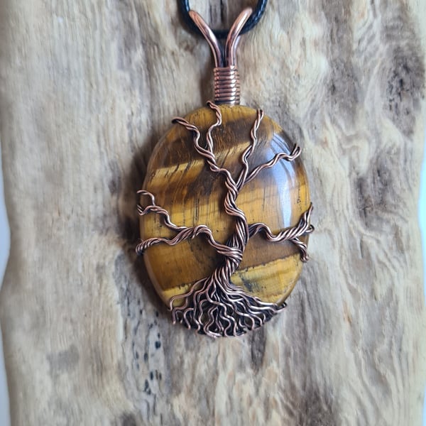 Tree of Life Copper & Brown Tiger's Eye Crystal Pendant Necklace Gift Jewellery