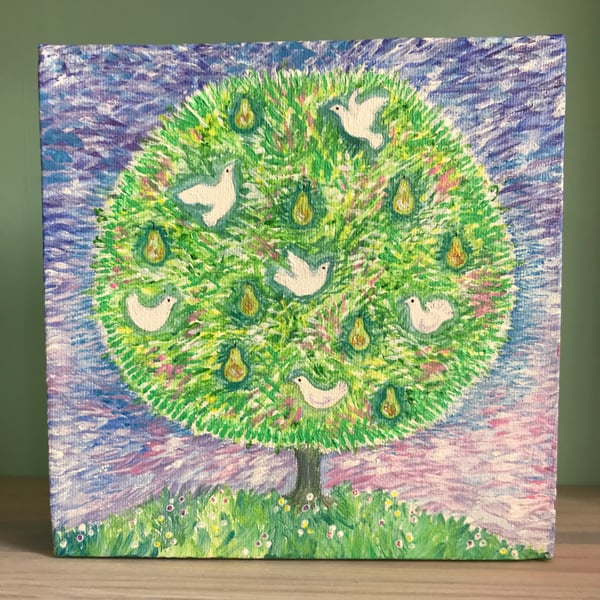 Doves in a Pear Tree, Original 8 x 8 Painting