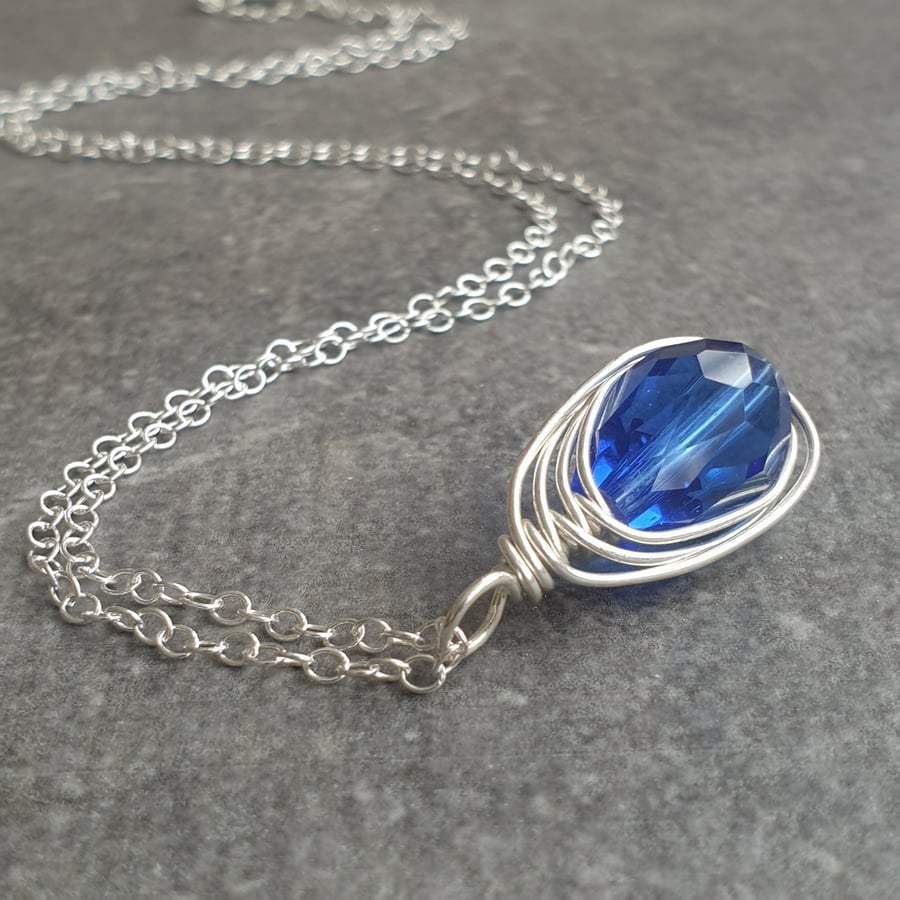Cobalt blue teardrop necklace, Sterling silver chain