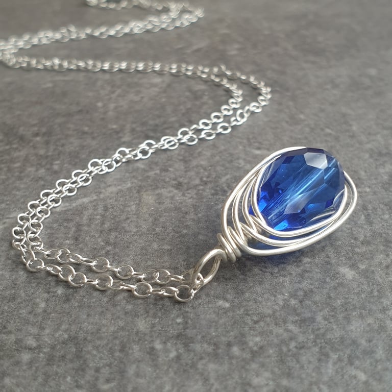 Cobalt blue teardrop necklace, Sterling silver chain