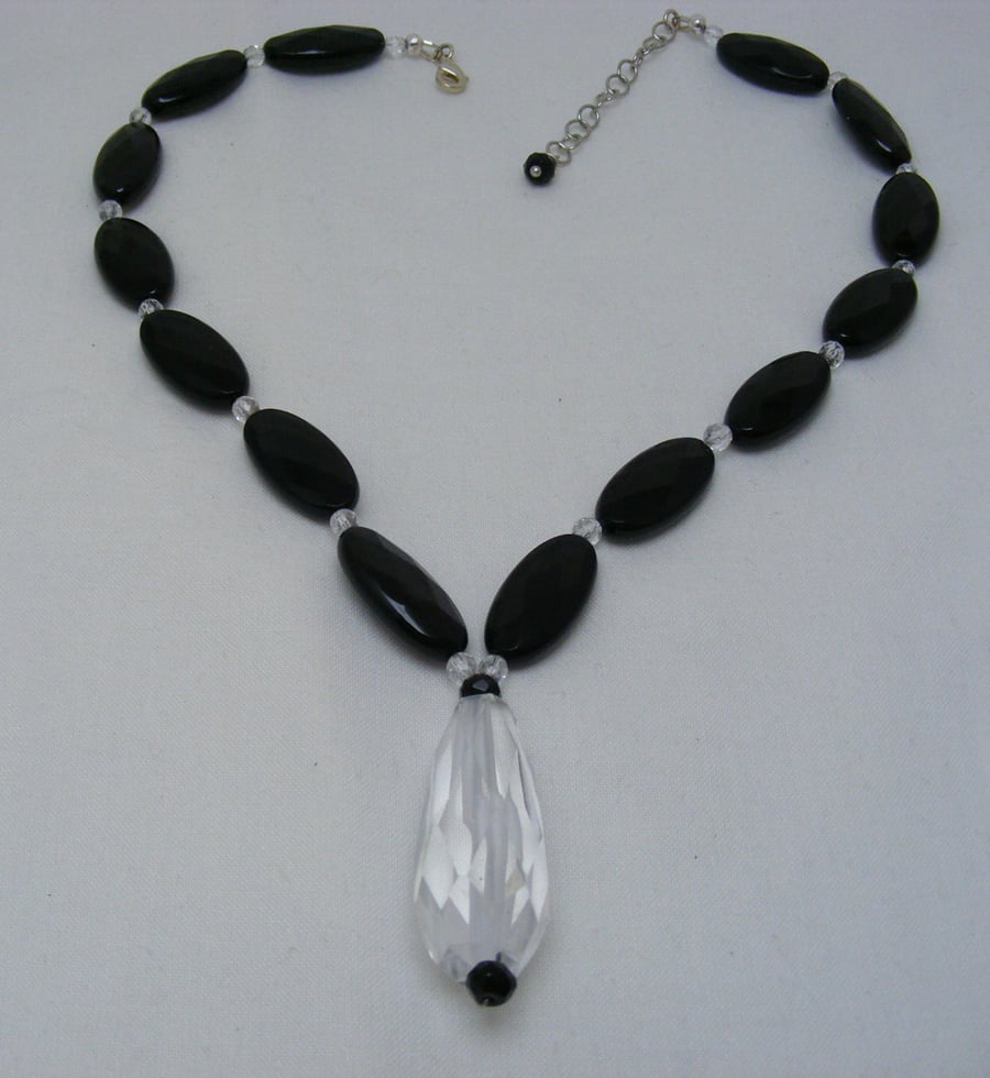 Black Agate and Clear Quartz Gemstone Necklace.