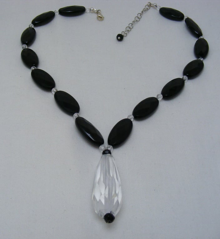 Black Agate and Clear Quartz Gemstone Necklace.