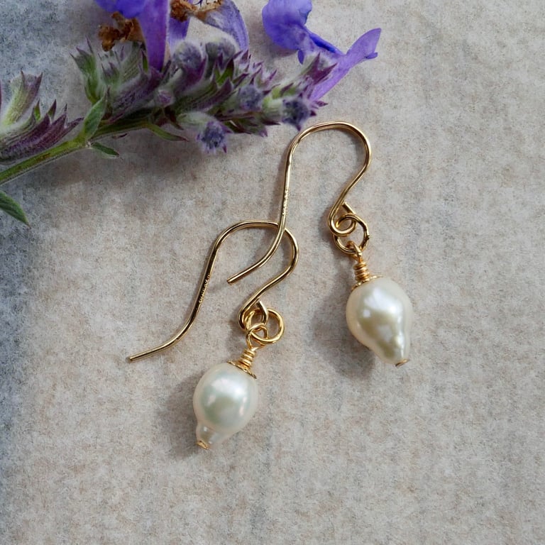 Classic White Pearl Drop Earrings on 14k Gold Filled Hooks