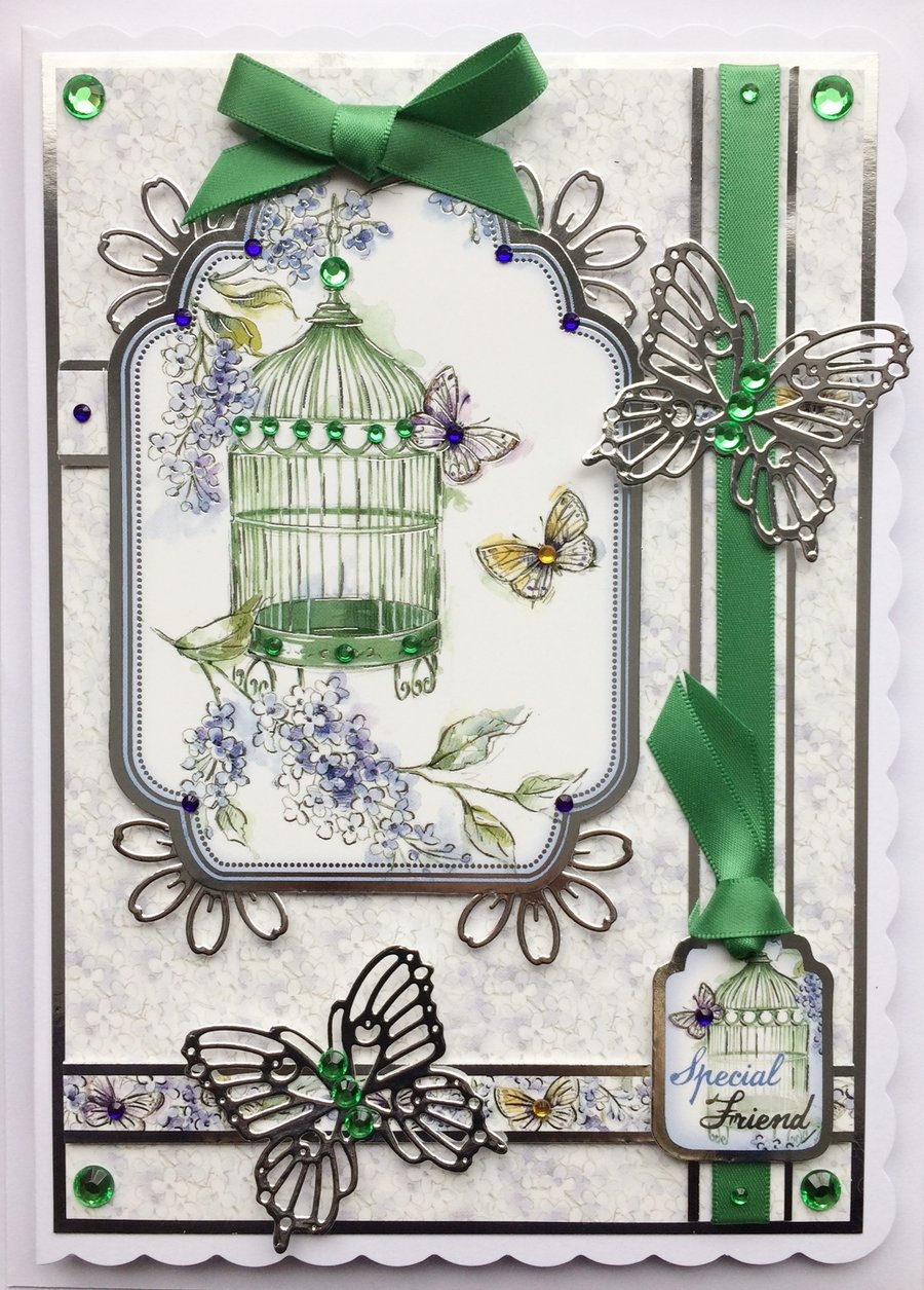 Handmade Card Special Friend Green Birdcage and Silver Butterflies Birthday
