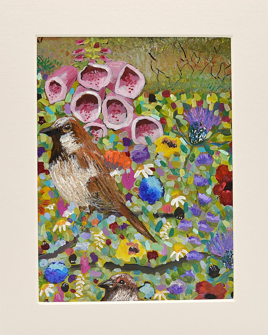 Original Painting of Two Sparrows In A Garden (10 x 8 inches)