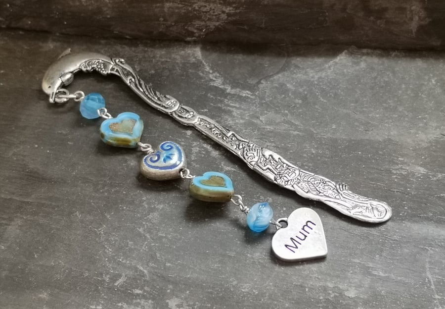 Mum bookmark with blue hearts and dolphin decoration