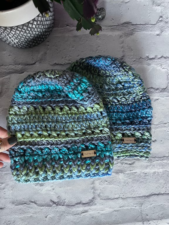 Pair of Blue-Green Beanies