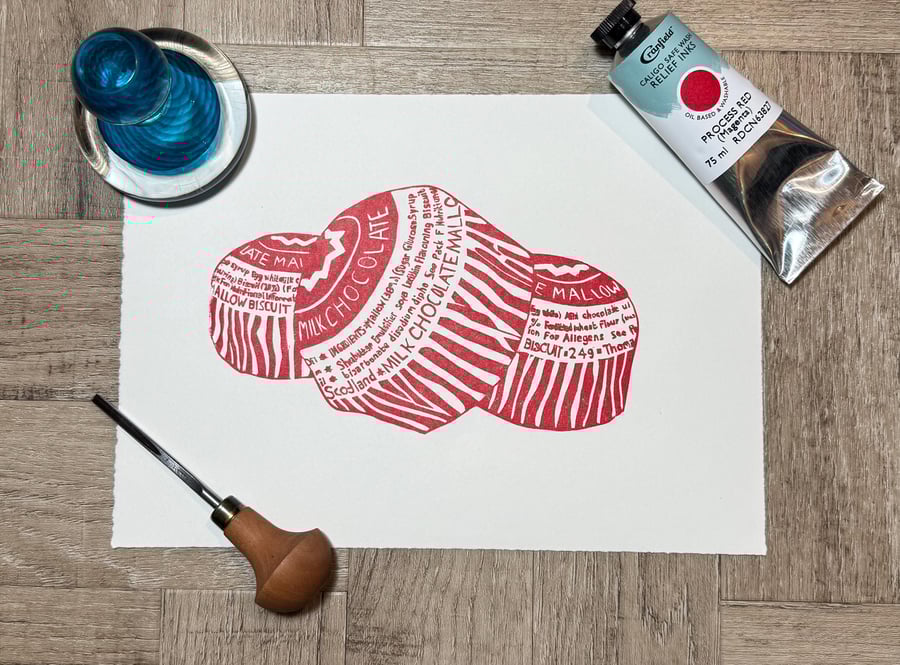 Teacakes: Hand-Burnished Lino Cut