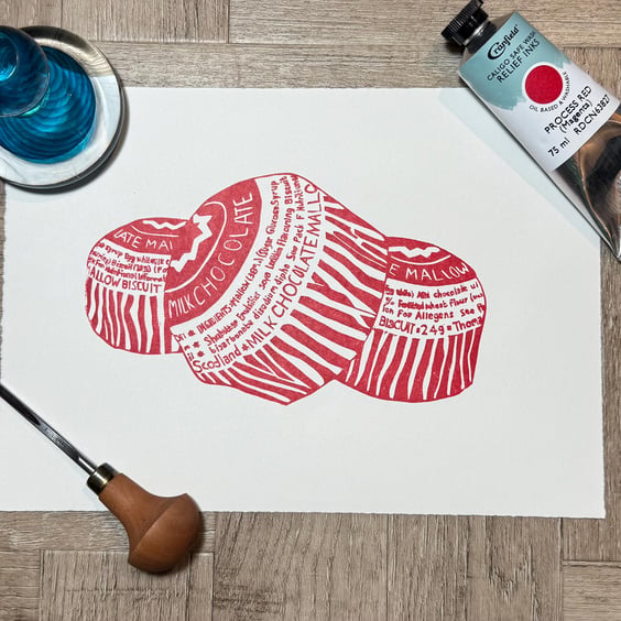 Teacakes: Hand-Burnished Lino Cut