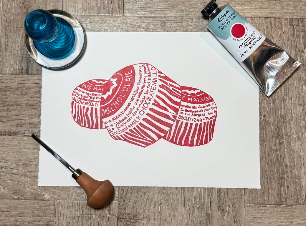 Teacakes: Hand-Burnished Lino Cut