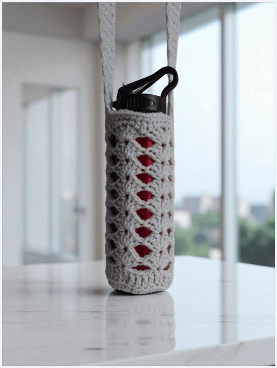 Hand Crochet Water Bottle Holder Crossbody Water Bottle Carrier - Silver Grey