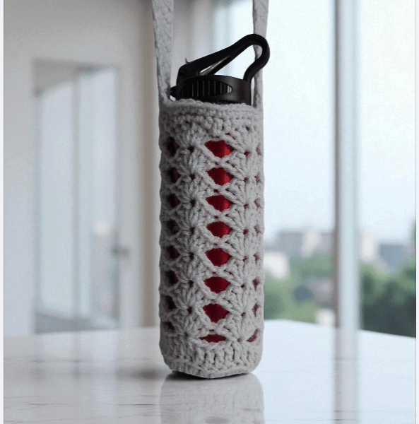 Hand Crochet Water Bottle Holder Crossbody Water Bottle Carrier - Silver Grey