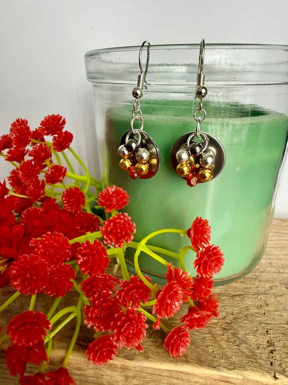 Small Stainless Steel Disc Earrings with Crystal Bead