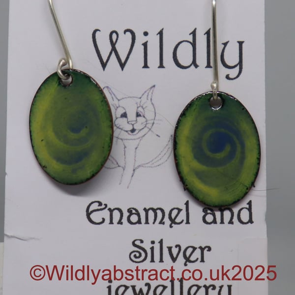 Green enamel earrings with blue stencil