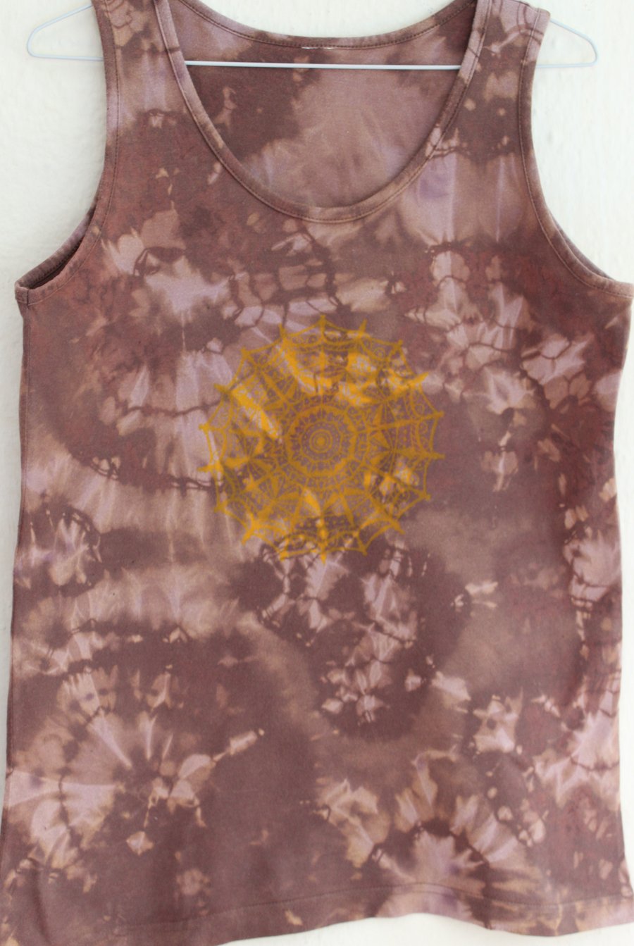Unisex brown and beige tie dye vest, yellow mandala ,repurposed Eco clothing