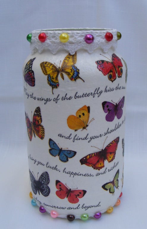 Perfectly Imperfectly Upcycled, Decoupaged Butterfly Glass Vase