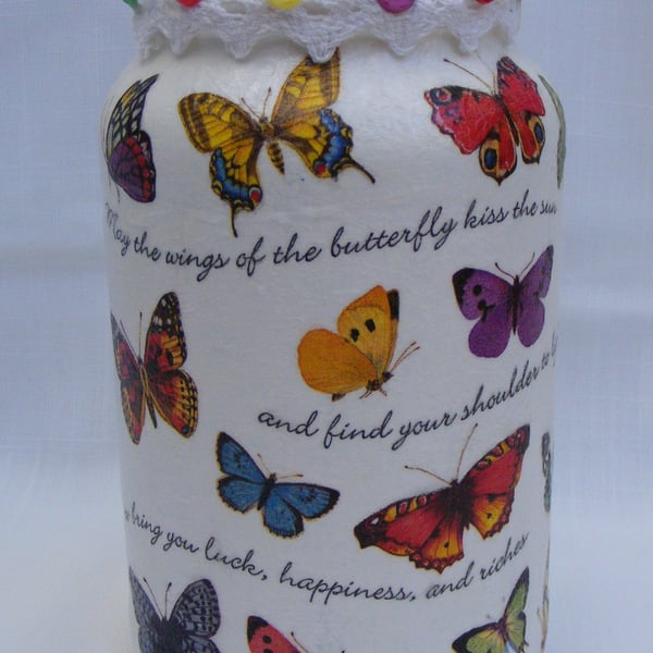 Perfectly Imperfectly Upcycled, Decoupaged Butterfly Glass Vase