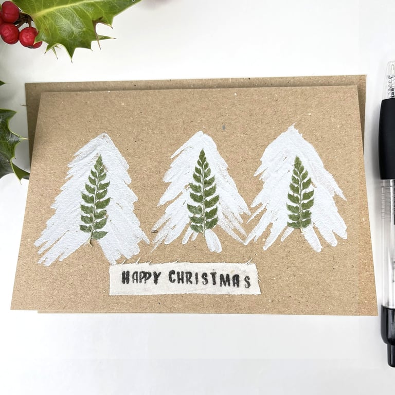 Handmade Real Pressed Ferns Trio of Sliver Christmas Trees Card 02