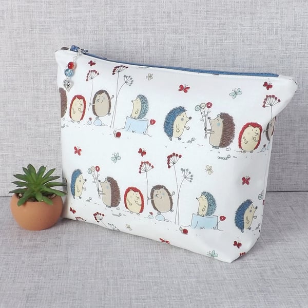 Large zipped pouch, project bag, cosmetic bag, hedgehogs