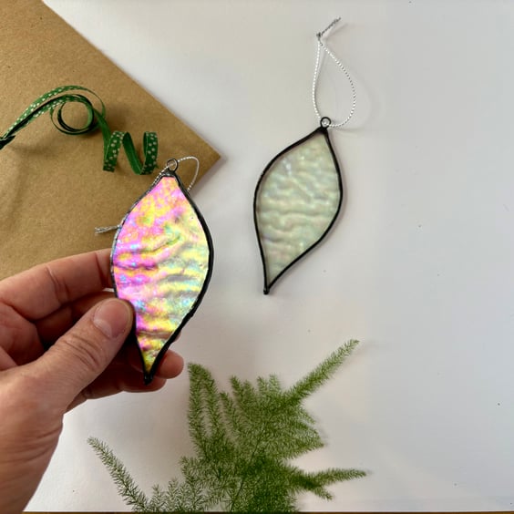 Set of two iridescent stained glass Christmas tree baubles, Christmas decor