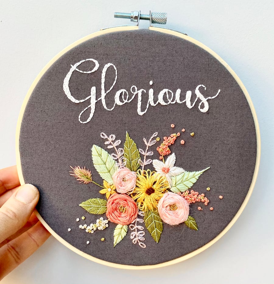 Glorious, Handmade Embroidery Hoop with Flower Design, Personalised Embroidery
