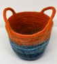 Medium Rust Orange and Blue Felt Basket with Cord Grab Handles - Image 6