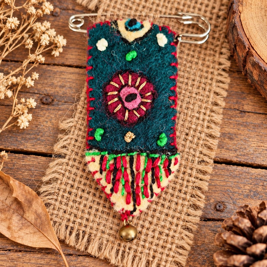 Needle felted and hand embroidered brooch