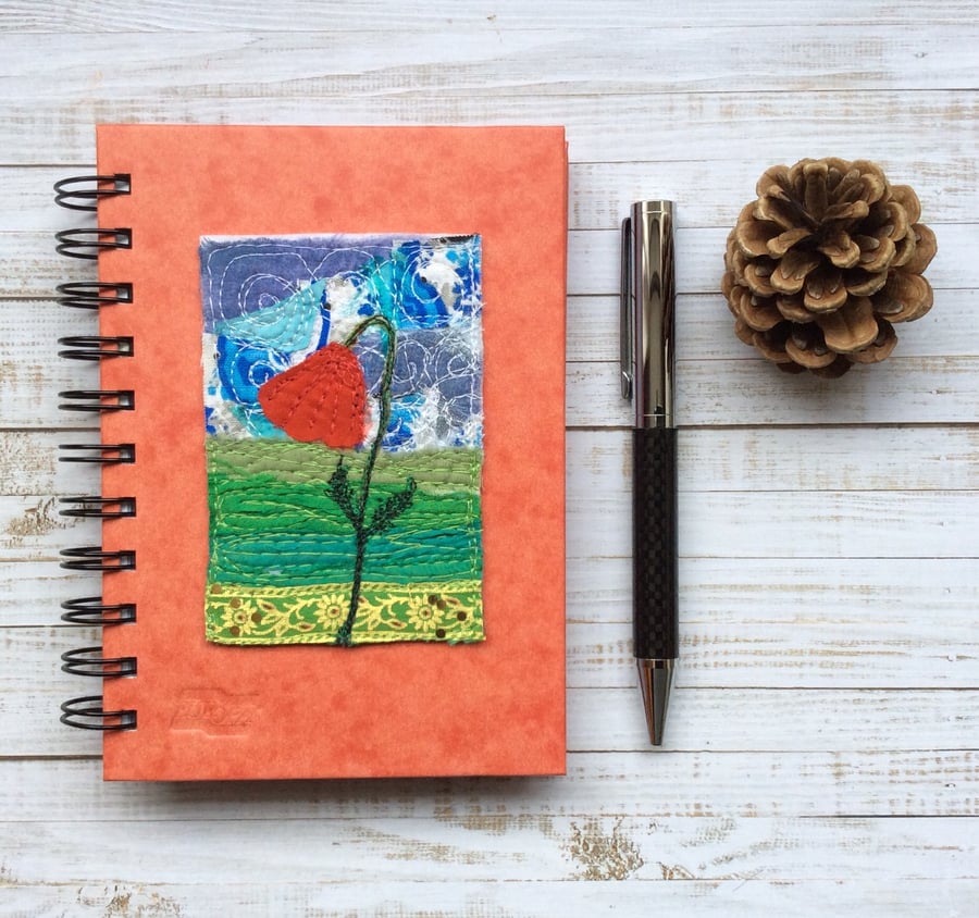 Embroidered poppy A6 lined notebook. 