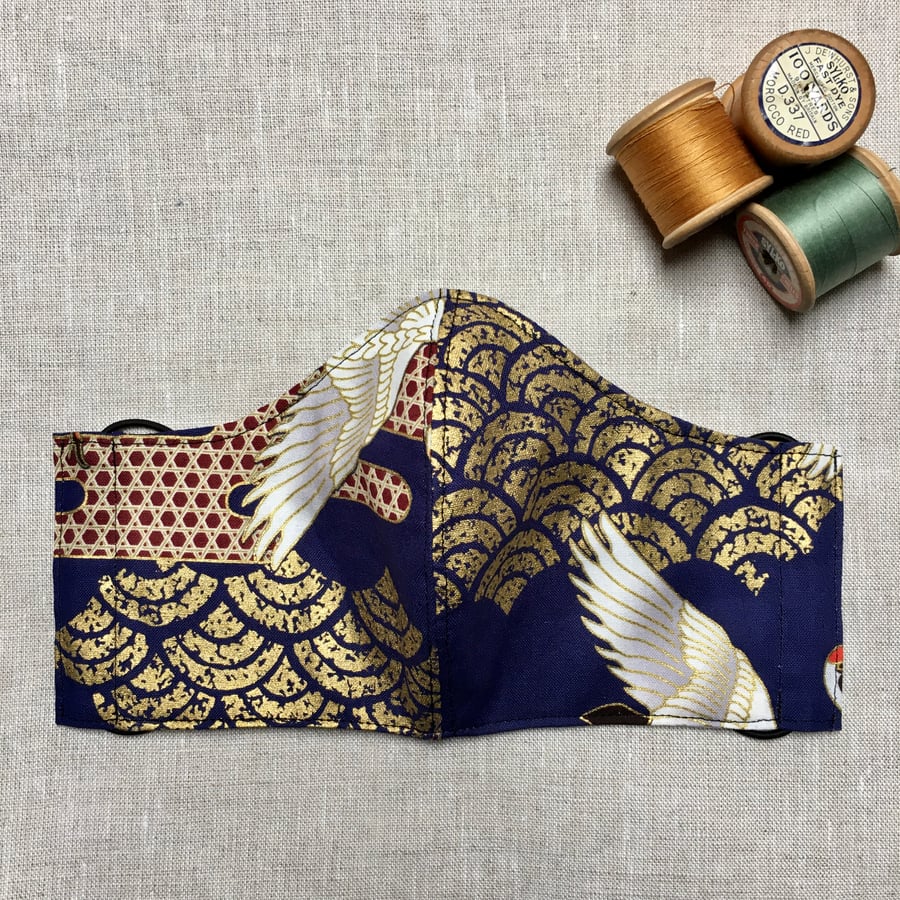 Reusable Japanese Blue Flying Cranes Cotton Face Mask Covering Women