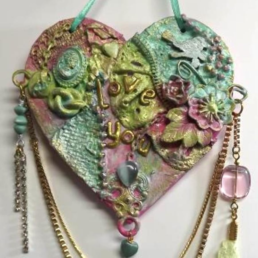 Mixed Media Love You Hanging Heart.