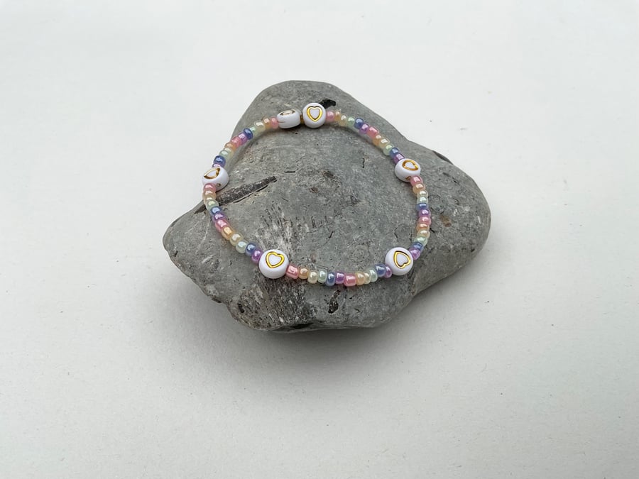 Beaded bracelet stackable rainbow with white gold heart charms