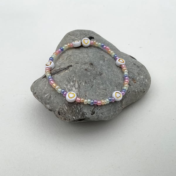 Beaded bracelet stackable rainbow with white gold heart charms