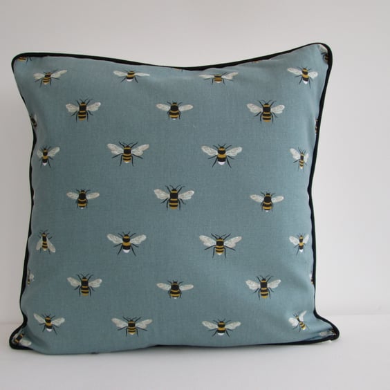 Sophie Allport Teal Bees  Cushion Cover with Black  Piping