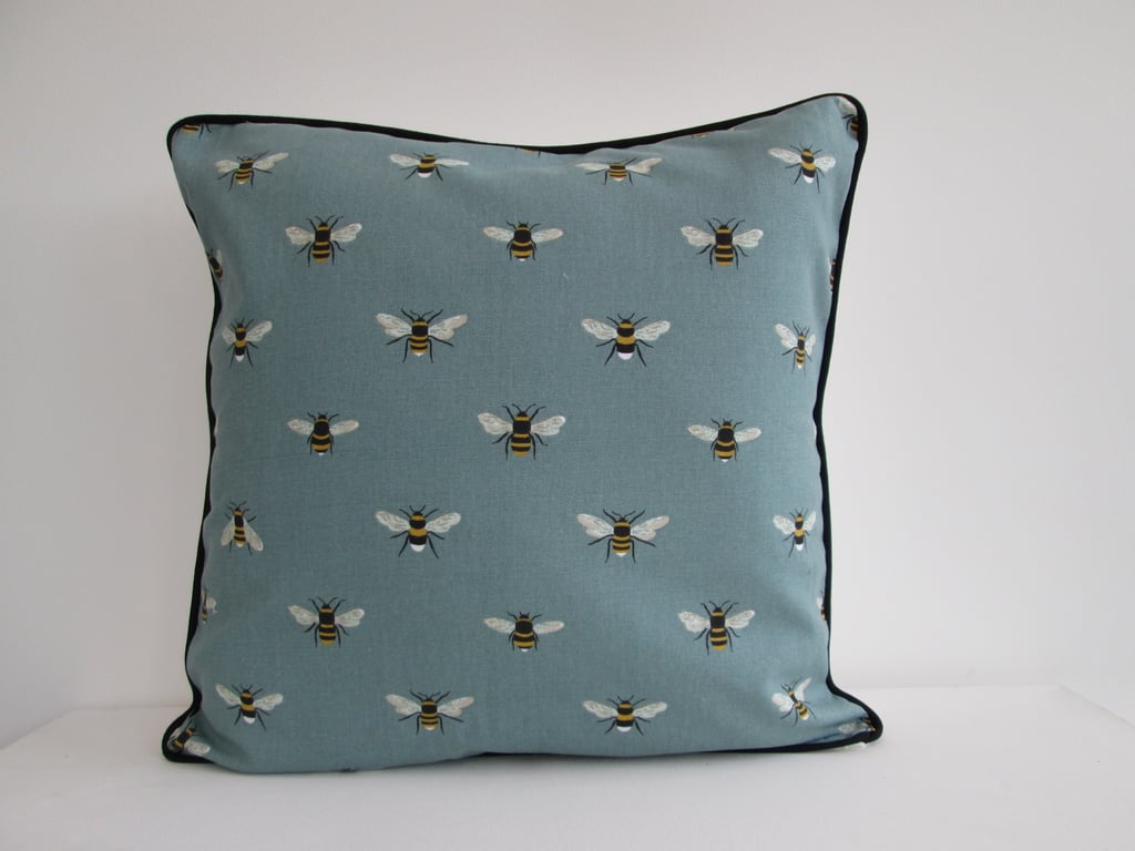 Sophie Allport Teal Bees  Cushion Cover with Black  Piping
