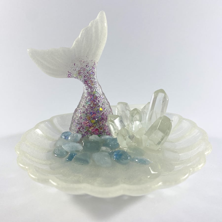 Resin & Aquamarine Mermaid Shell Jewellery Trinket Dish