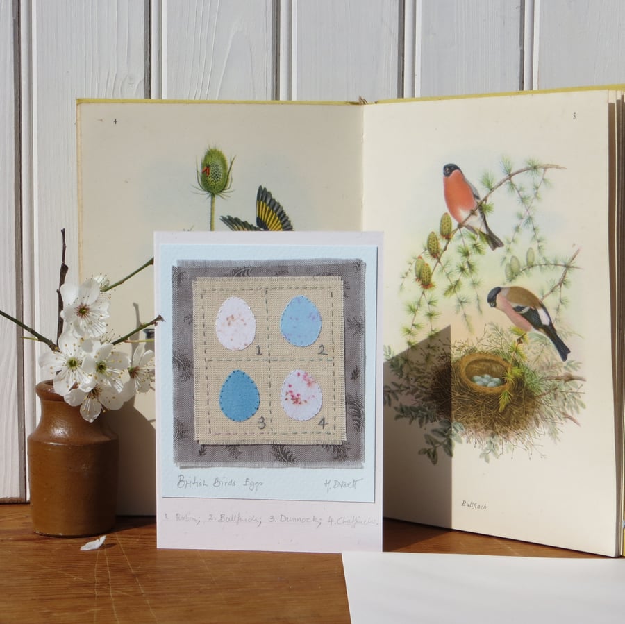 British birds eggs handstitched card, hand-dyed fabrics feather print background