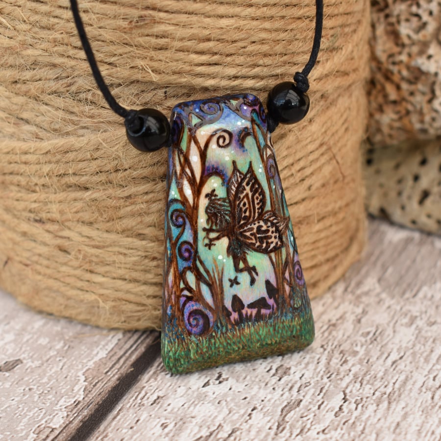 SALE Fairy in the garden pyrography pendant. Wooden necklace, wood anniversary. 
