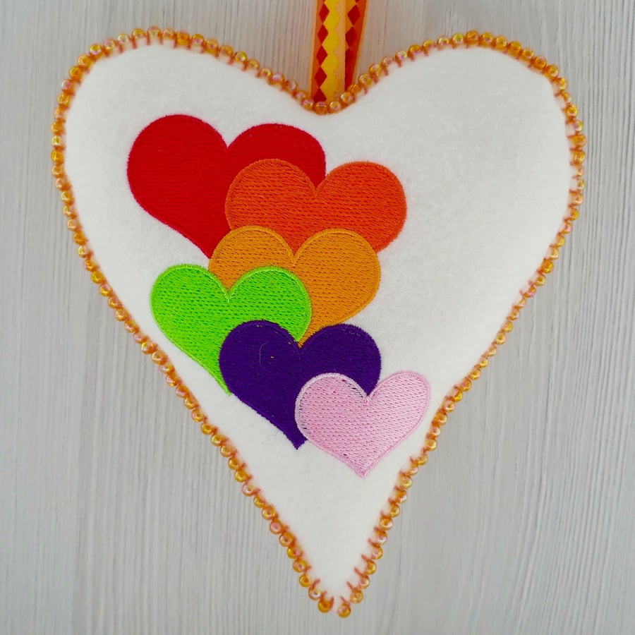 Rainbow Hearts Embroidered Beaded Felt Hanging Heart Decoration 16cm