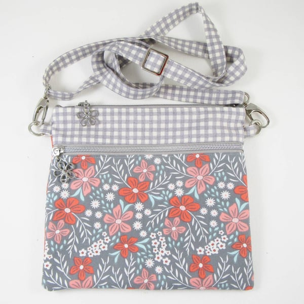 Gingham and Pink Flowers Crossbody Bag